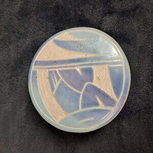 Mexican Acevloza Clay Pottery Trinket Box White Blue Glazed Top Vintage